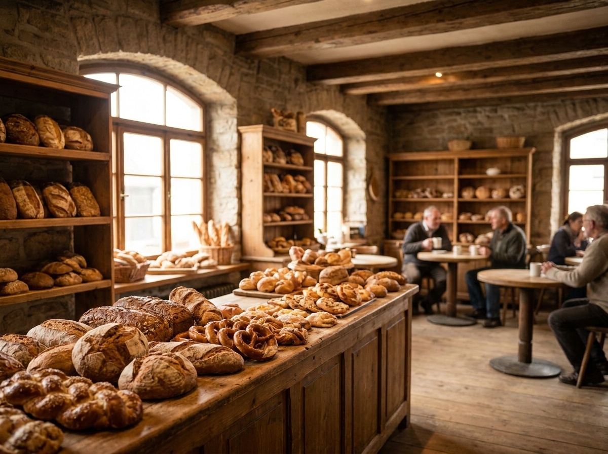 A rustic bakery interior with shelves full of freshly baked bread and pastries, and customers sitting at tables in the background.. User description: A wide, wa