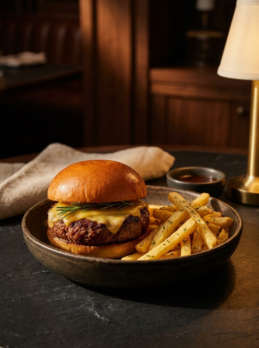 A gourmet burger with melted cheese and a sprig of rosemary, served with a side of crispy french fries and a small bowl of dipping sauce, presented on a dark, t